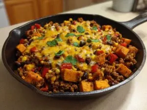 Close-up of a Southwest Turkey Sweet Potato Skillet topped with melted cheese and cilantro in a black cast iron pan.