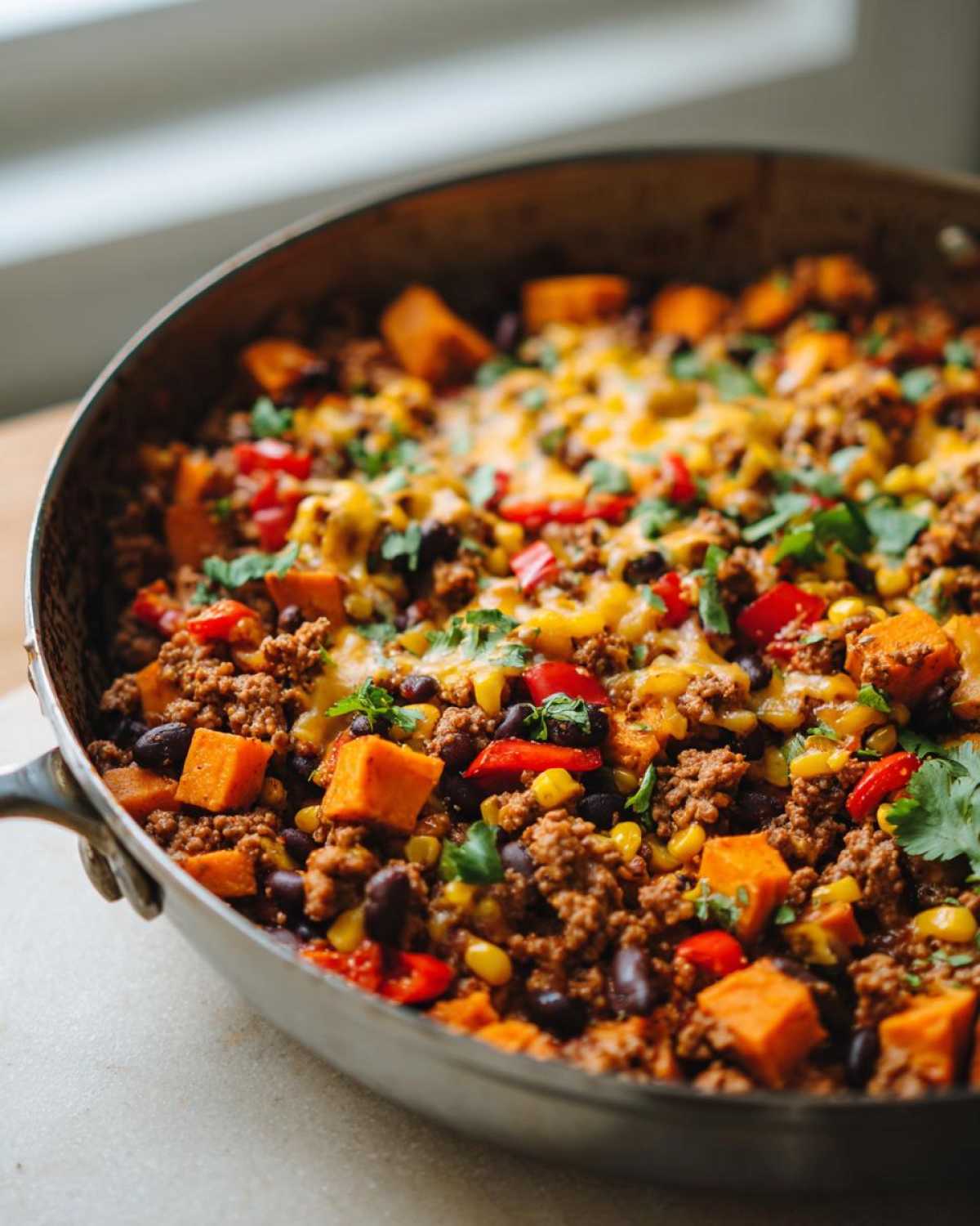 Close-up of a Southwest Turkey Sweet Potato Skillet with ground turkey, black beans, corn, and melted cheese.