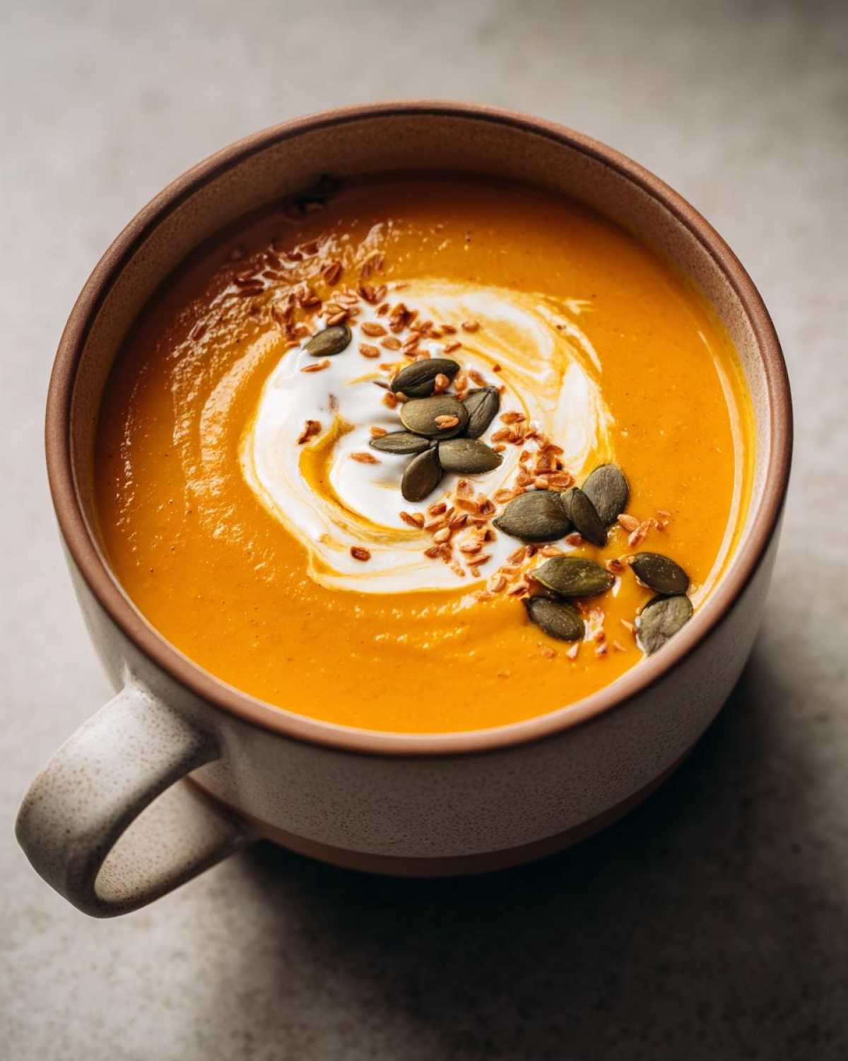 A bowl of vibrant spicy pumpkin soup topped with a swirl of cream, pumpkin seeds, and toasted sesame seeds.