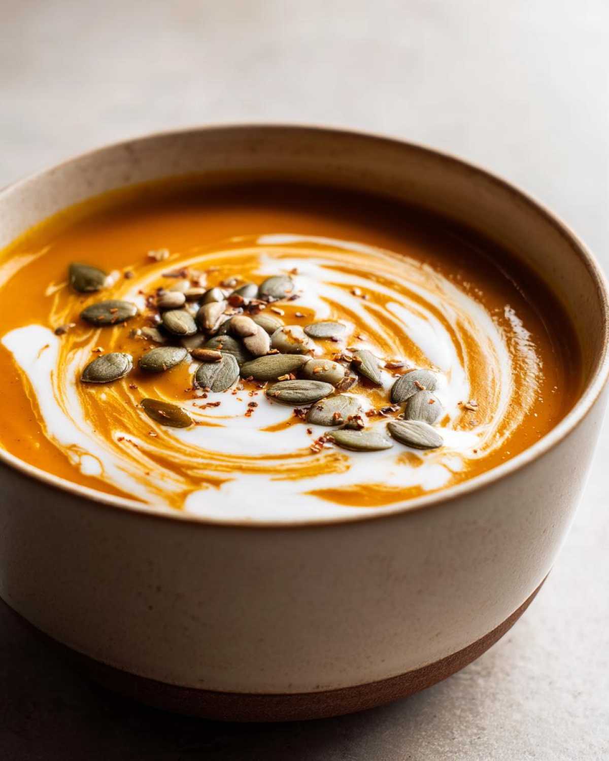 A close-up of a bowl of vibrant orange spicy pumpkin soup, swirled with cream and topped with pumpkin seeds and chili flakes.