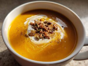 A close-up of a bowl of vibrant spicy pumpkin soup, swirled with cream and topped with crunchy seeds and spices.