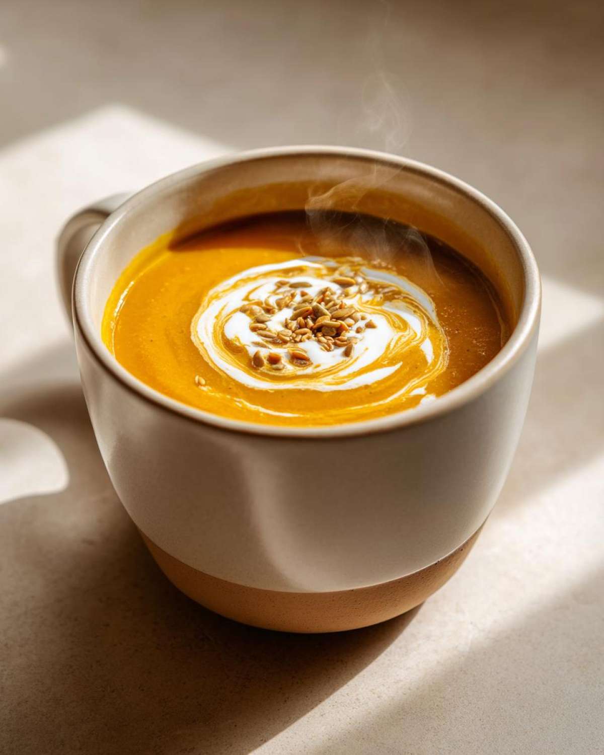 A steaming mug of spicy pumpkin soup, swirled with cream and topped with seeds.