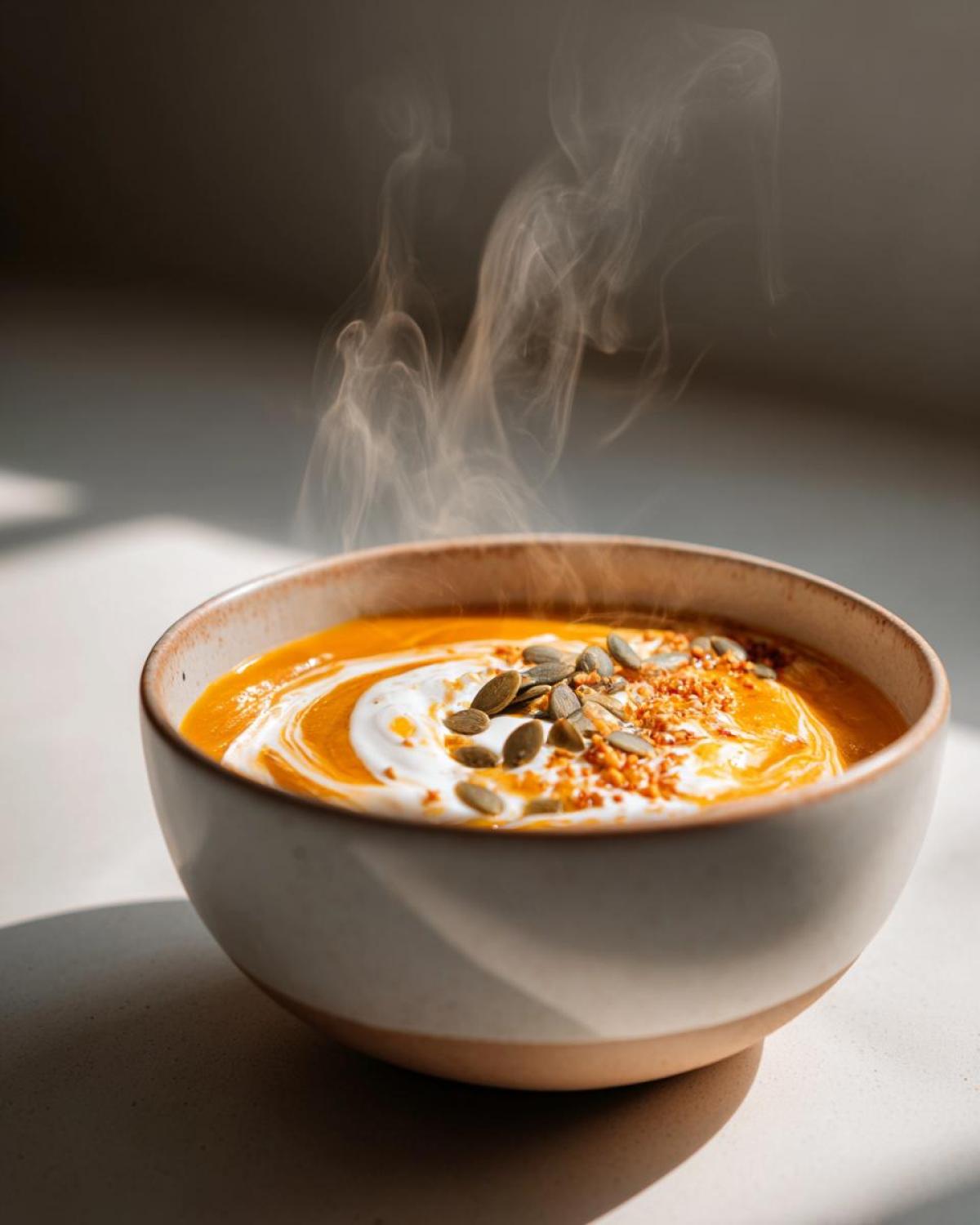 A close-up shot of a steaming bowl of spicy pumpkin soup, topped with cream swirls and pumpkin seeds.