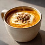 A close-up of a steaming bowl of spicy pumpkin soup, topped with a swirl of cream and toasted pumpkin seeds.