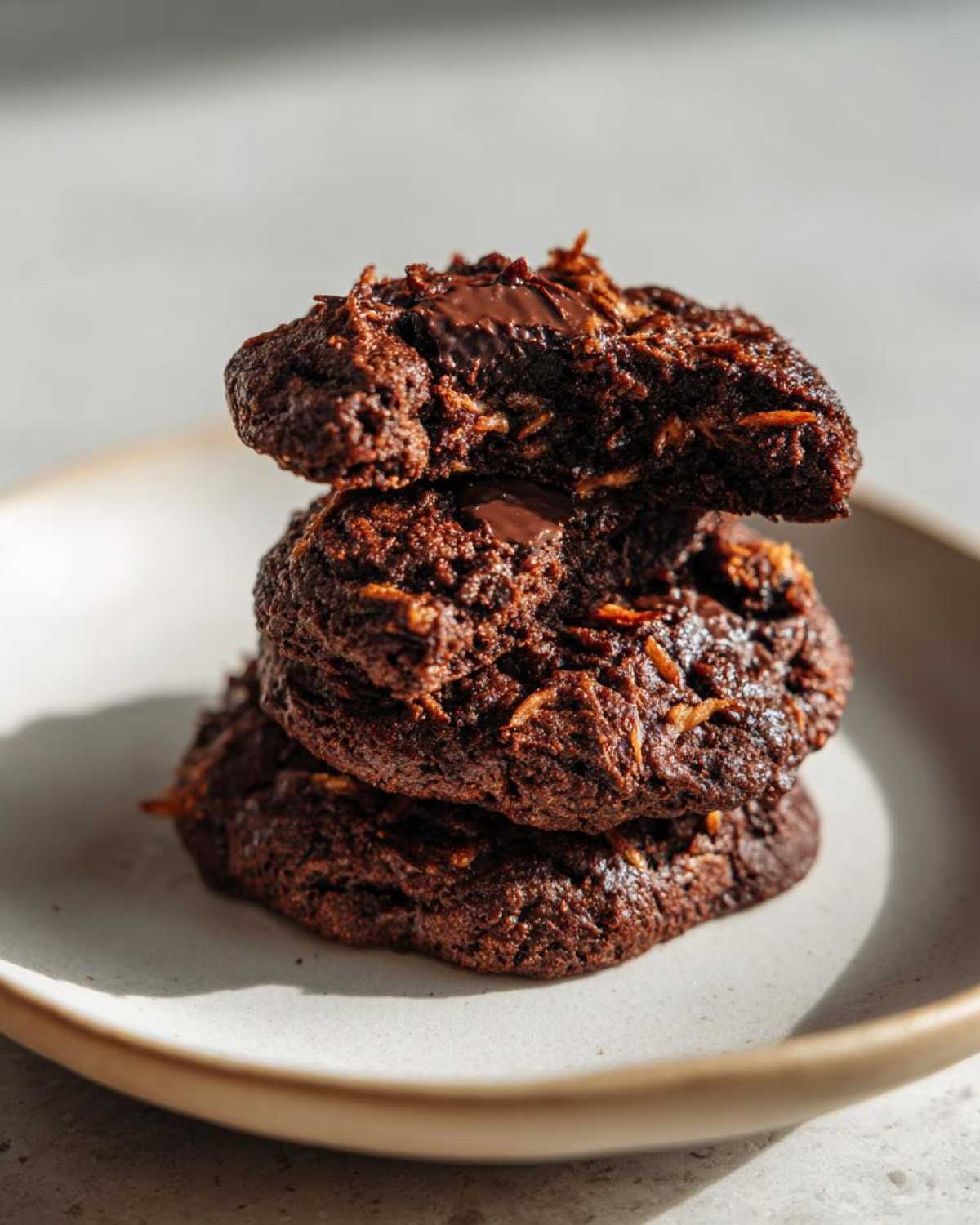 A stack of three dark chocolate almond joy cookies, one broken open to show melted chocolate chips and coconut shreds.