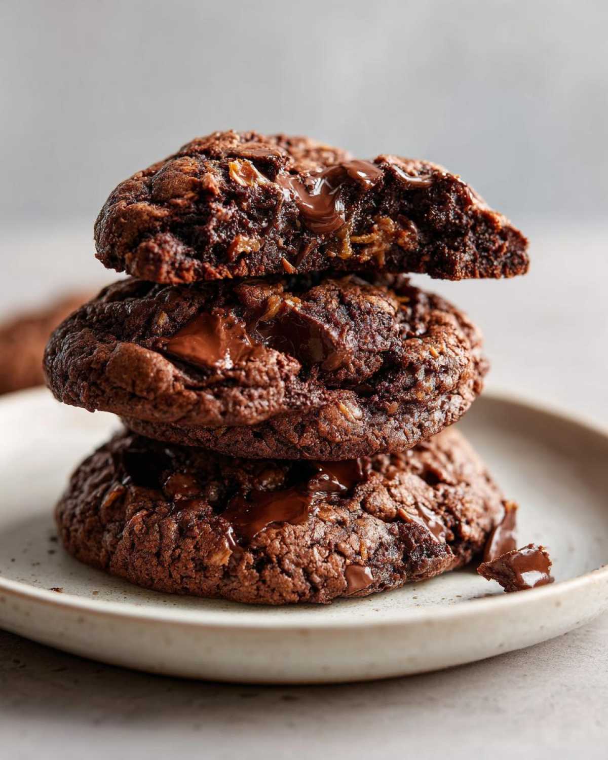 A stack of three rich, dark chocolate almond joy cookies with melted chocolate chips and visible coconut texture.