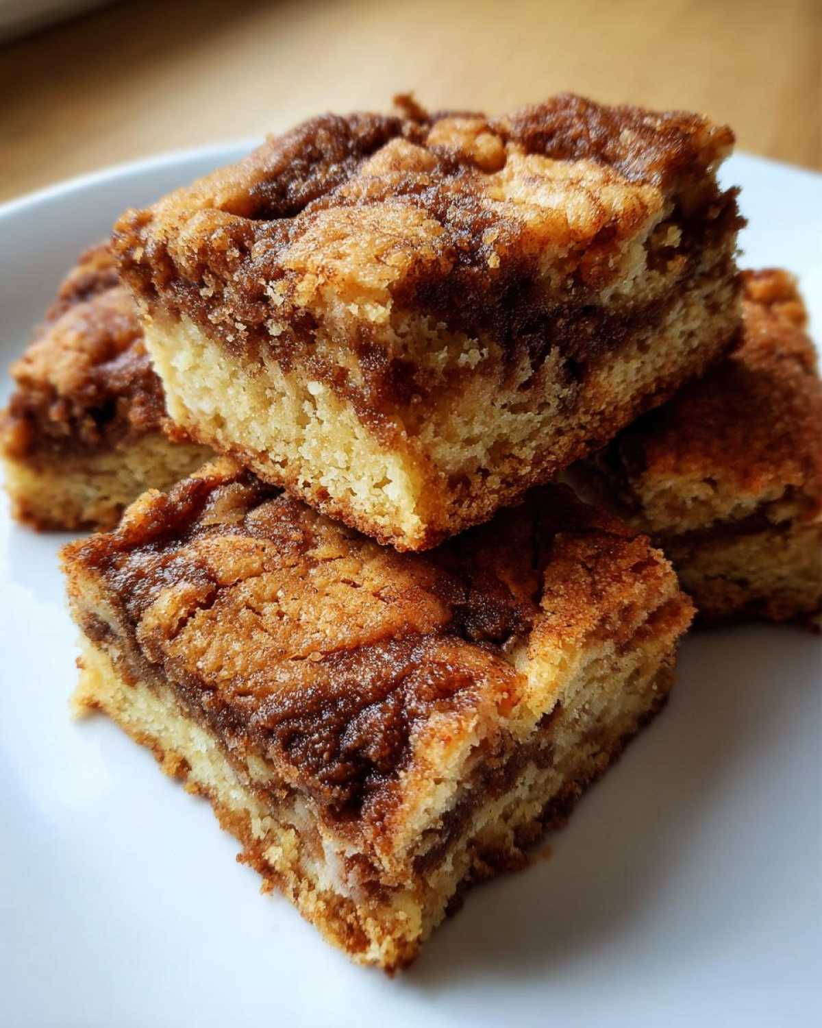 Close-up of stacked, chewy snickerdoodle blondies featuring a rich cinnamon swirl topping.