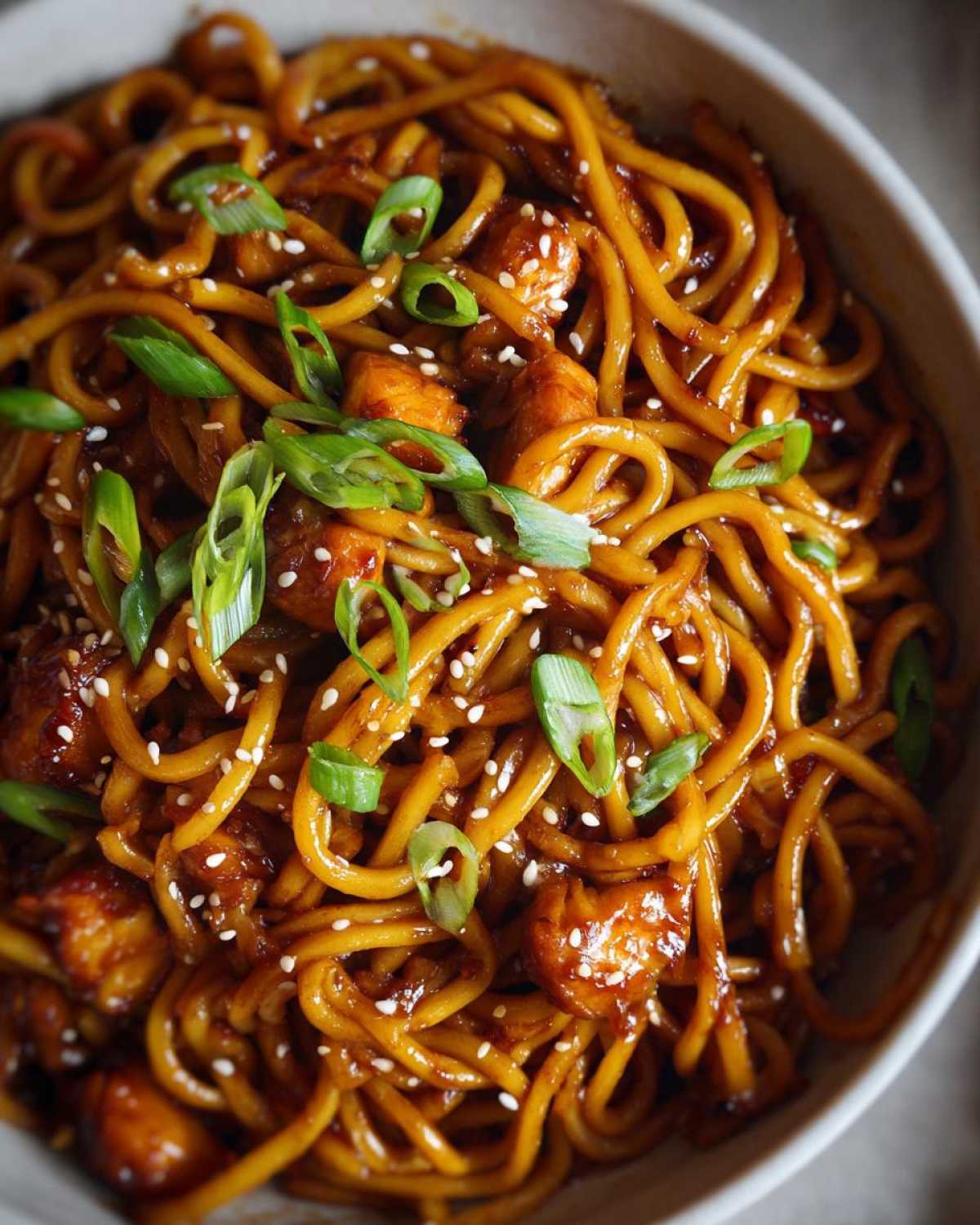 A close-up shot of a bowl filled with glossy sticky garlic chicken noodles, garnished with chopped green onions and sesame seeds.