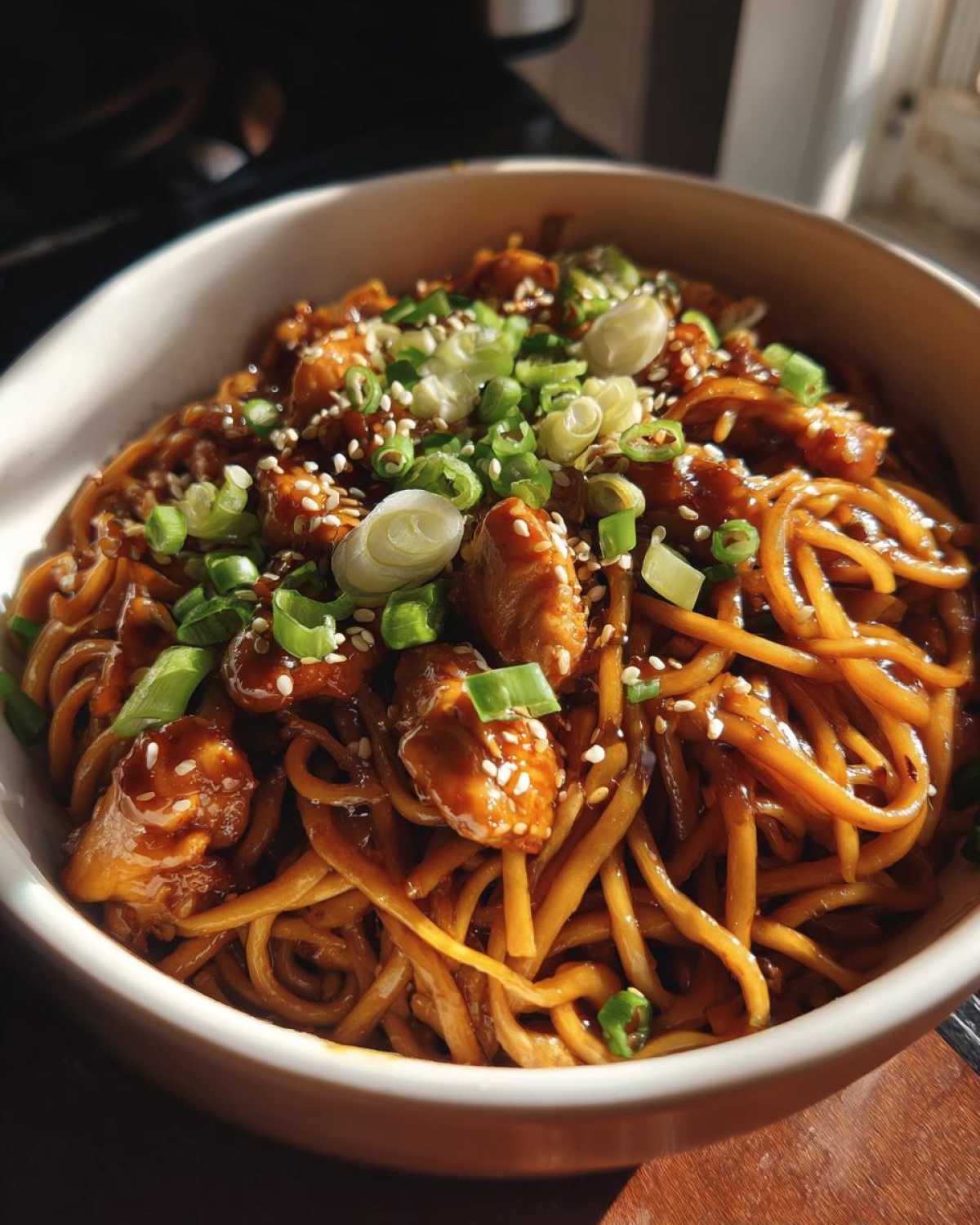 A close-up of a bowl filled with glossy sticky garlic chicken noodles, topped with green onions and sesame seeds.