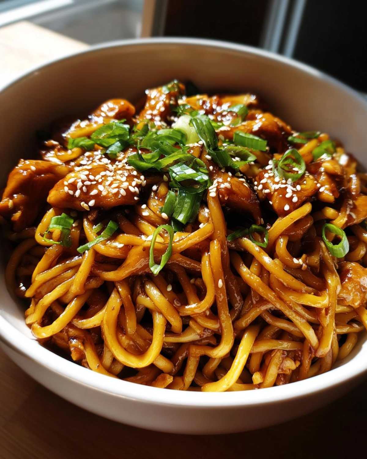 A close-up of a bowl filled with glossy Sticky Garlic Chicken Noodles, topped with sesame seeds and chopped green onions.