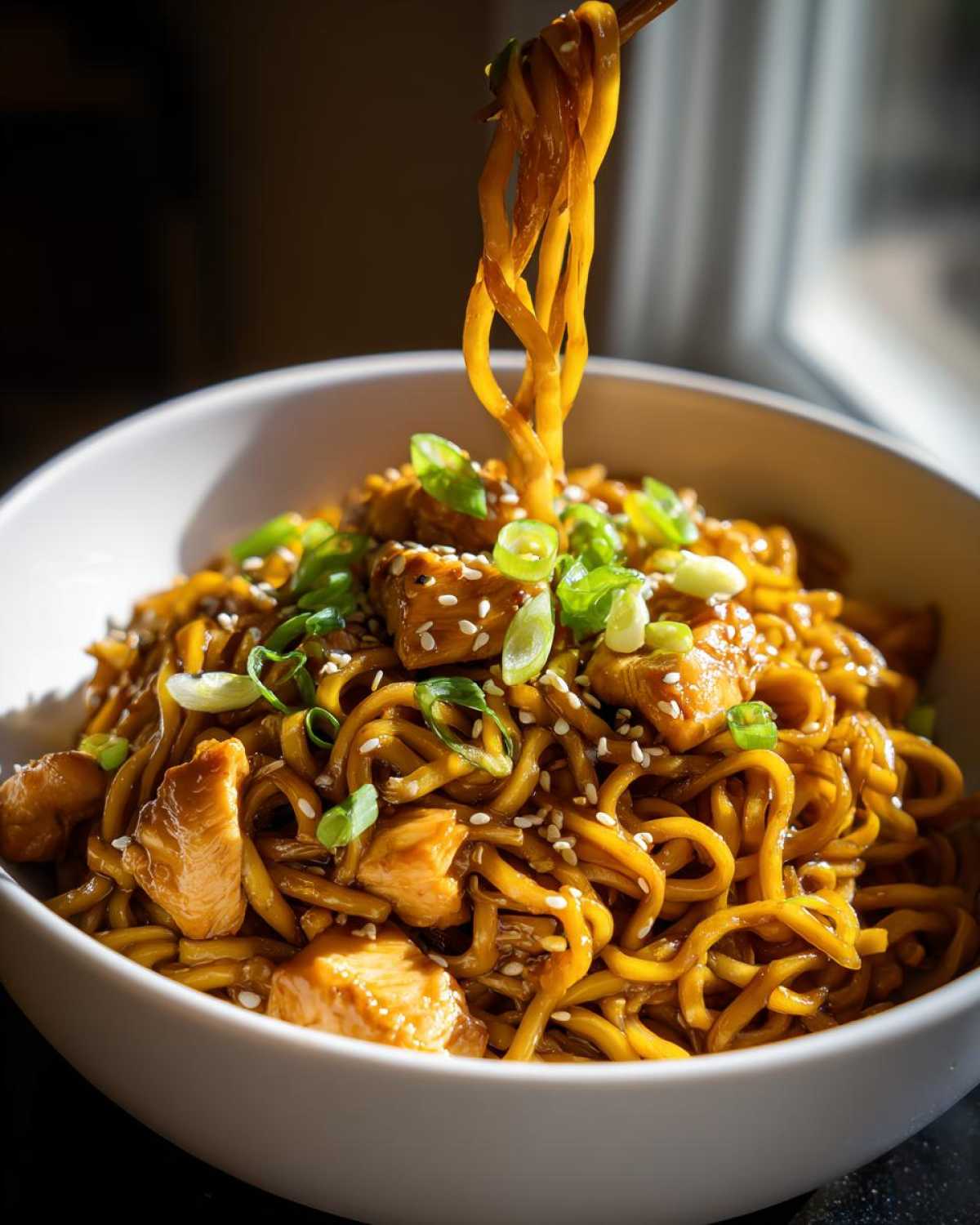 A bowl of sticky garlic chicken noodles being lifted with chopsticks, garnished with sesame seeds and green onions.