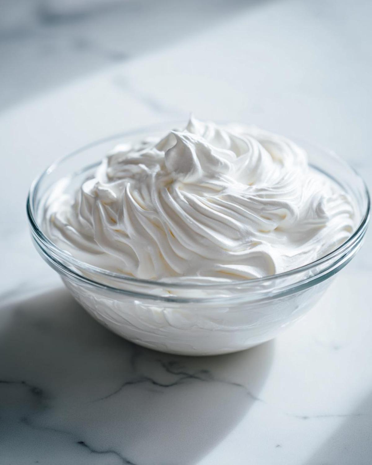 A clear glass bowl filled with perfectly piped, bright white royal icing recipe mixture showing stiff peaks.