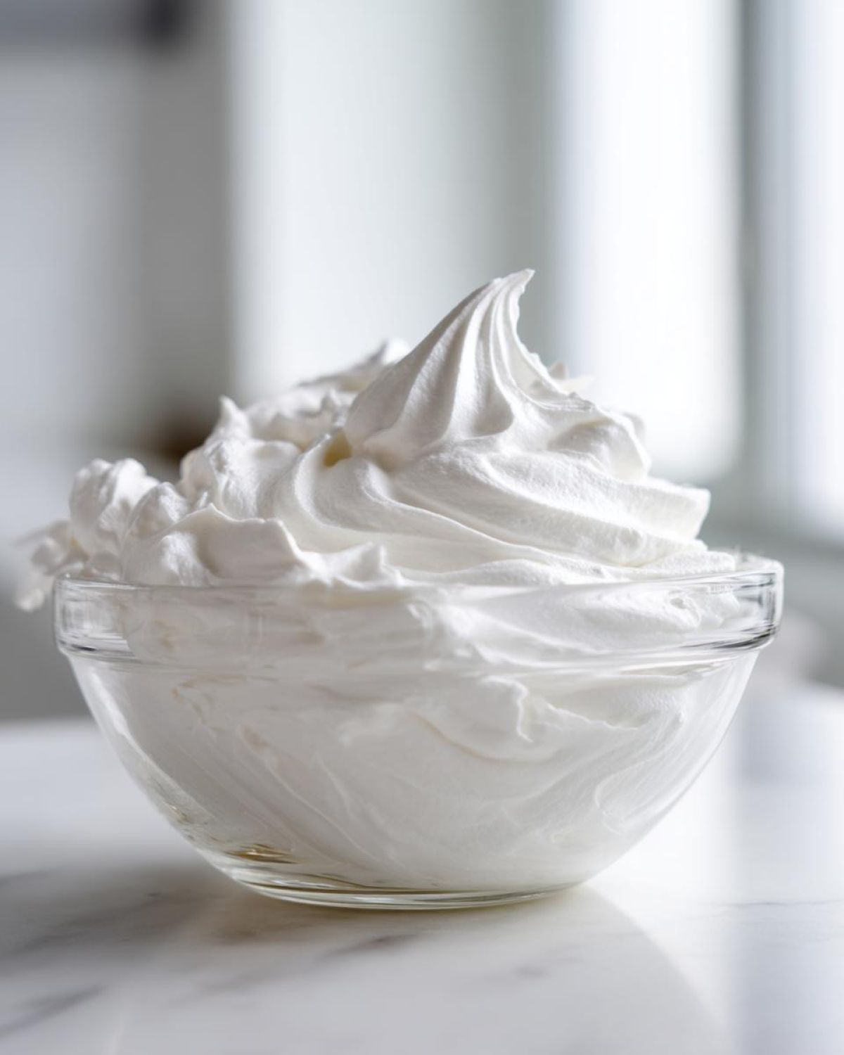 A clear glass bowl filled with perfectly stiff, bright white royal icing recipe mixture, showing defined piping peaks.
