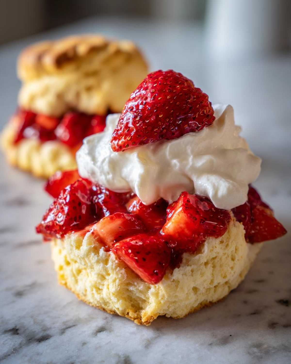 Close-up of a fluffy biscuit shortcake topped with macerated strawberries and whipped cream.