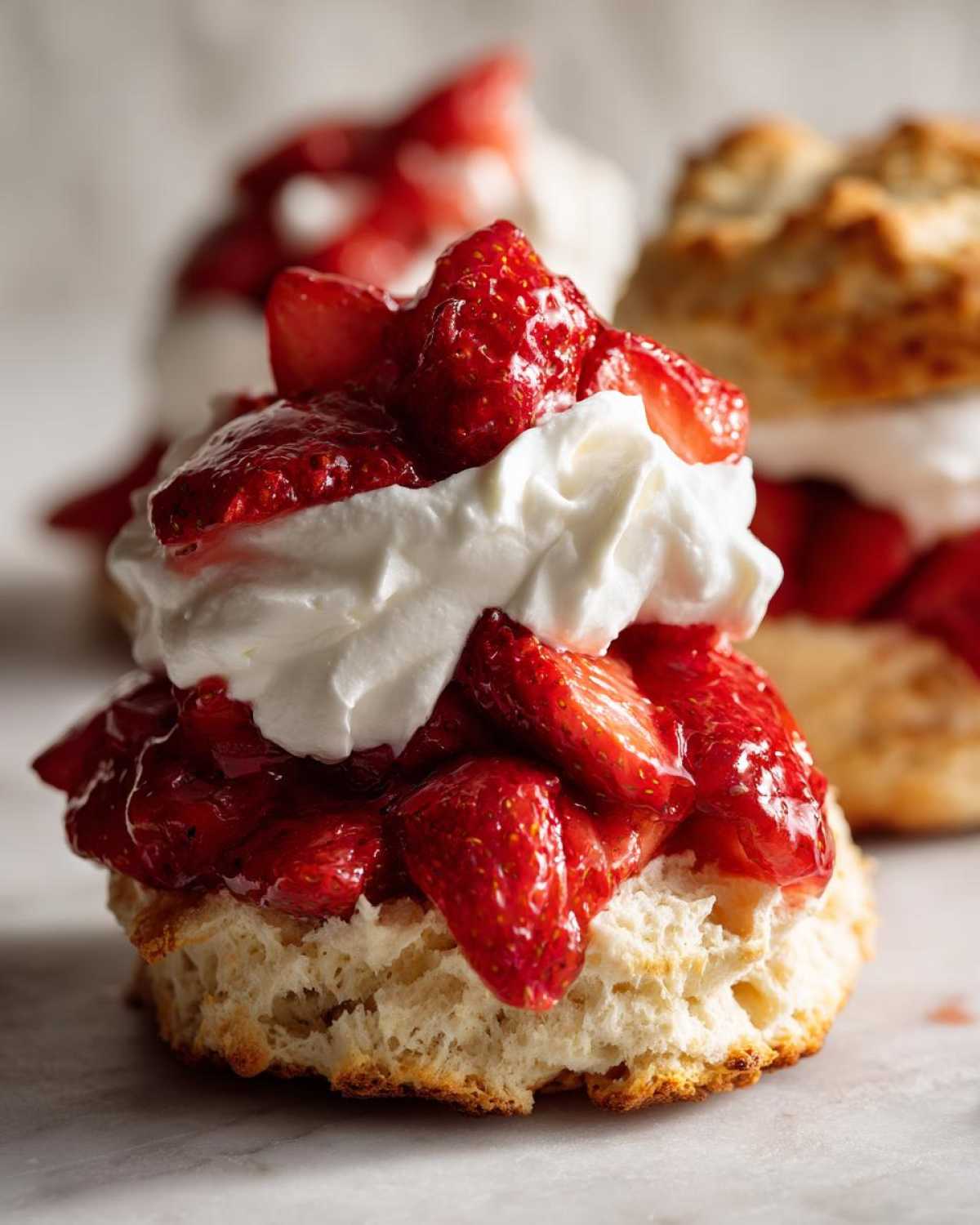 Close-up of a fluffy biscuit base topped with macerated strawberries and whipped cream for a classic shortcake.