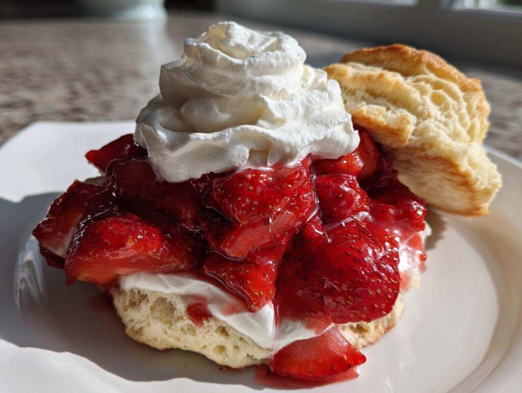 A delicious, homemade strawberry shortcake featuring a biscuit base, macerated strawberries, and a dollop of whipped cream.