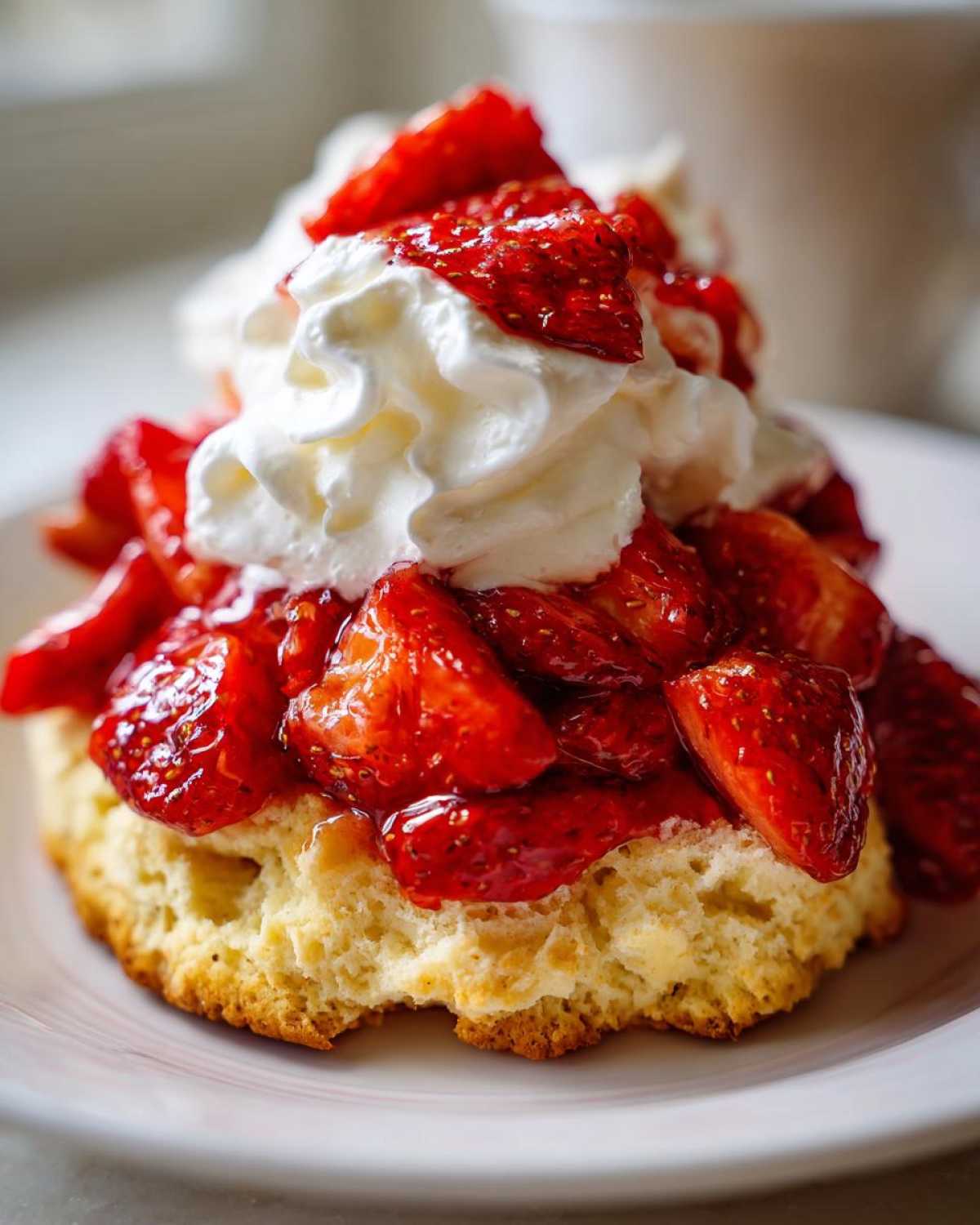 Close-up of a fluffy biscuit topped with macerated strawberries and a dollop of fresh whipped cream, classic shortcake.
