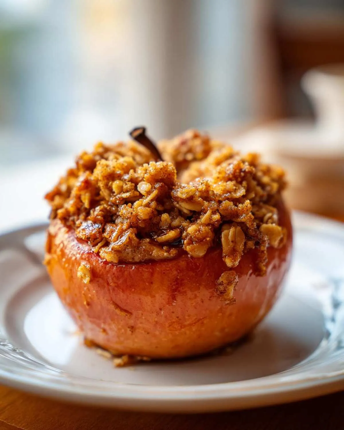 A close-up of a glistening baked apple topped generously with a brown sugar and oat crumble.