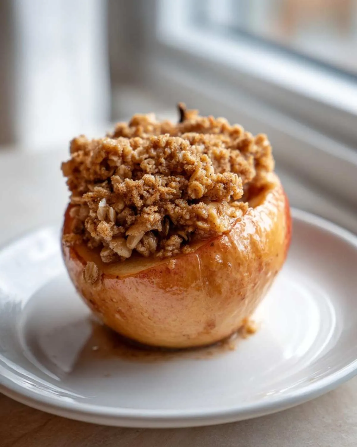 A single baked apple, cored and filled high with a brown sugar oat crumble topping, sitting on a white plate.