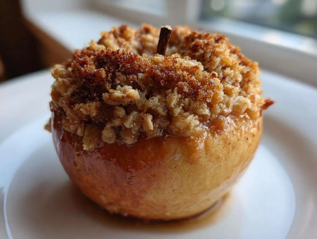 A close-up of a single baked apple topped with a golden brown, crunchy oat crumble, sitting on a white plate.