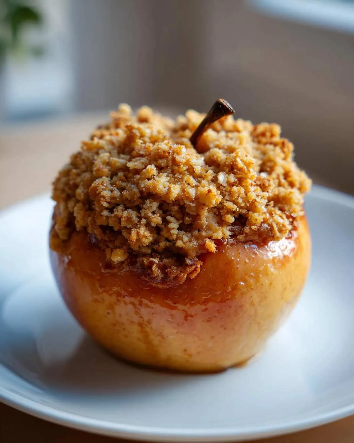 A glistening, warm baked apple topped generously with golden brown crumble topping, served on a white plate.