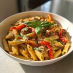 A bowl of delicious sweet pepper and sausage pasta, garnished with fresh basil and grated cheese.