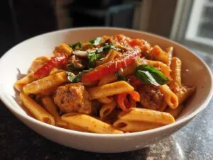 A close-up of a white bowl filled with sweet pepper and sausage pasta, garnished with basil and parmesan.