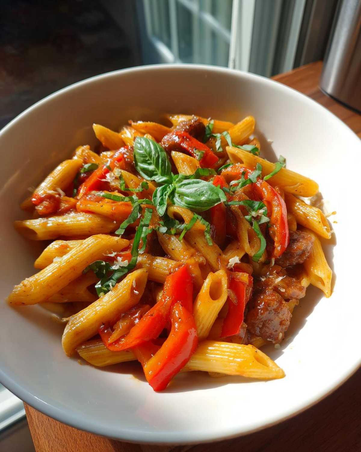 A close-up of a white bowl filled with sweet pepper and sausage pasta, garnished with fresh basil.