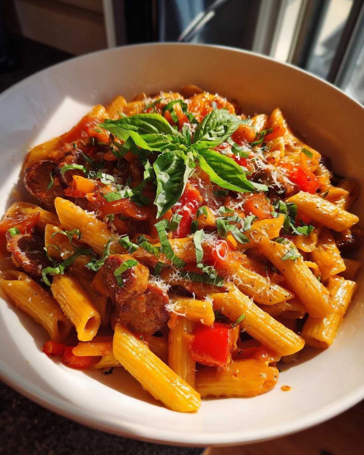 A close-up of a white bowl filled with sweet pepper and sausage pasta, garnished with fresh basil and grated cheese.