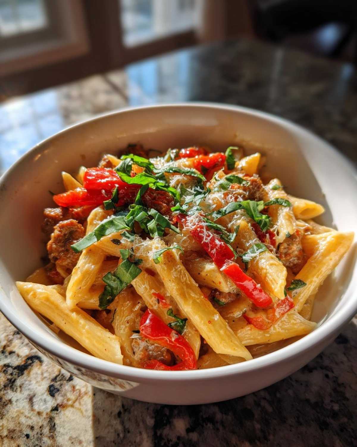A bowl of penne pasta with sweet peppers, sausage, and fresh basil, topped with Parmesan cheese.