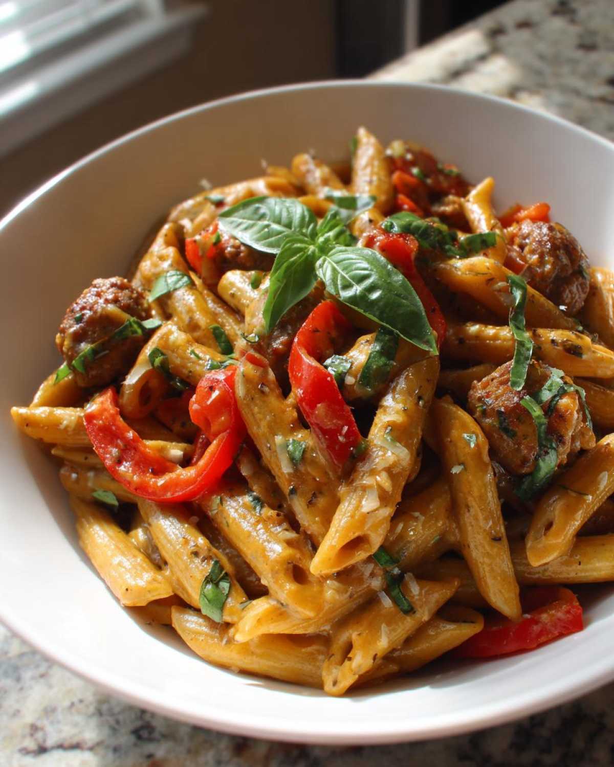 A close-up of a bowl of sweet pepper and sausage pasta, featuring penne, sliced red peppers, and meatballs, garnished with basil.