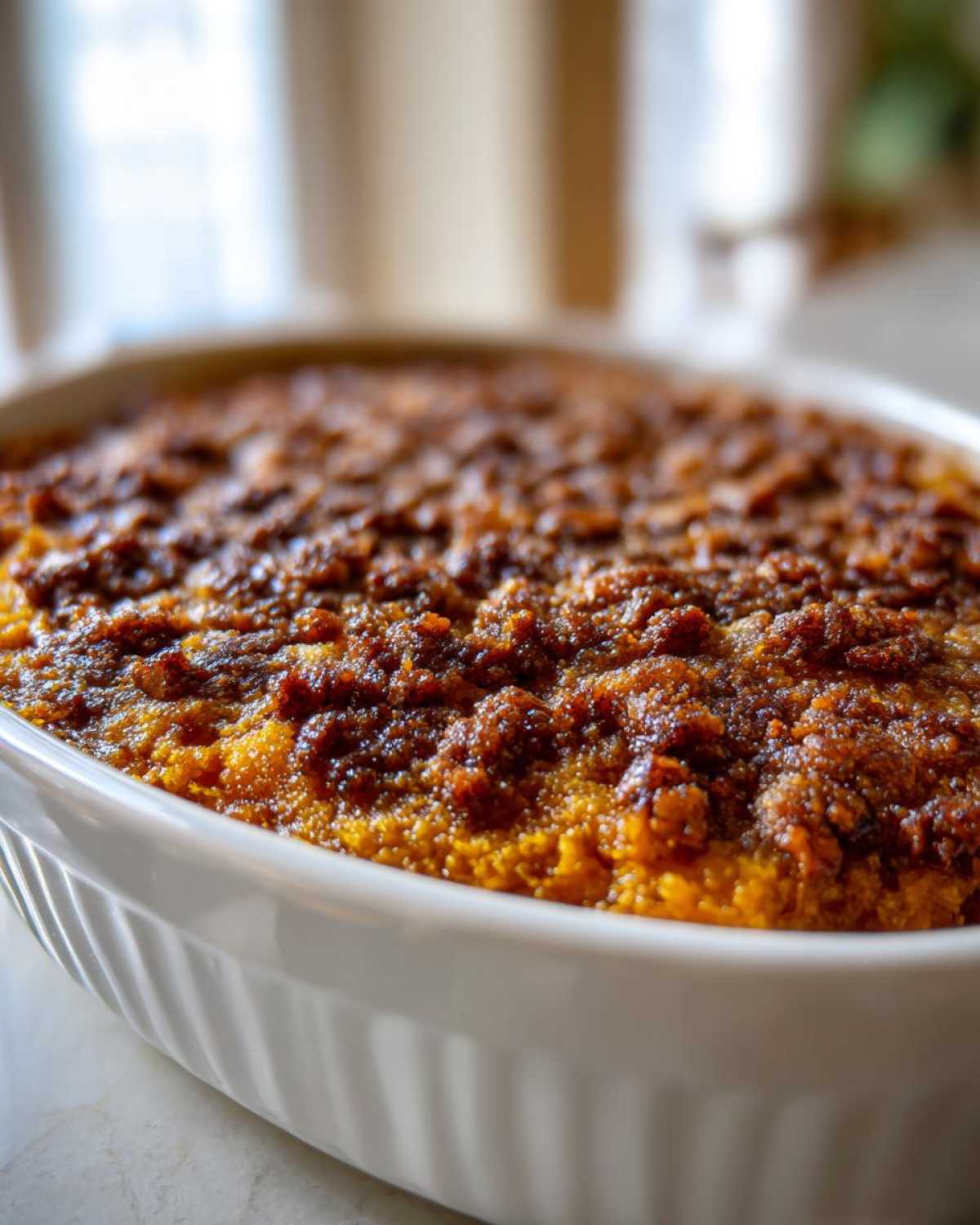 Close-up of a freshly baked sweet potato casserole in a white baking dish, topped with a rich, caramelized crumble.