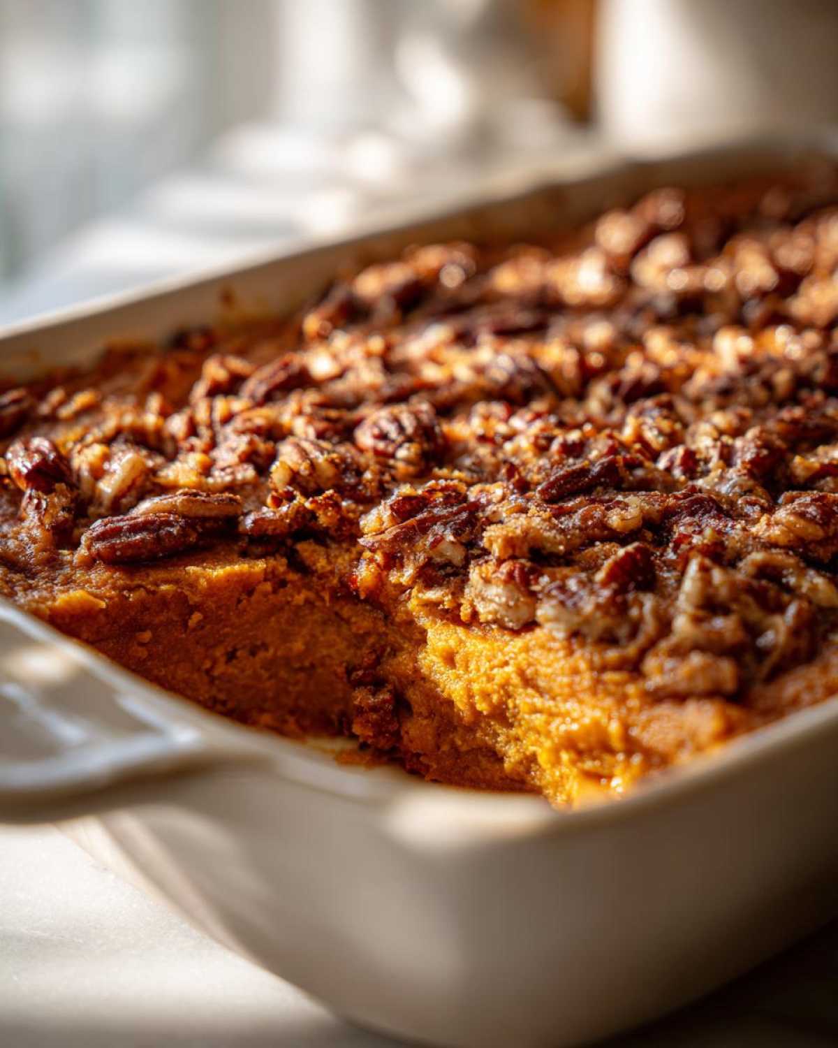 A close-up of a freshly baked sweet potato casserole in a baking dish, topped with crunchy pecans.