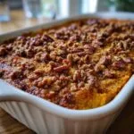 A close-up of a baked sweet potato casserole topped with crunchy pecans in a white baking dish.