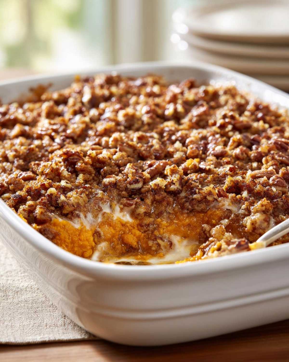A close-up of a sweet potato casserole in a white baking dish, topped with a crunchy pecan streusel.