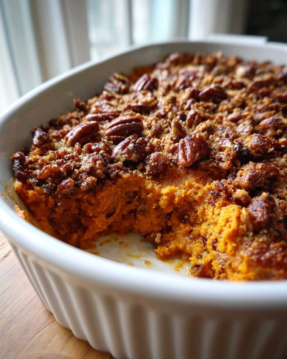 Close-up of a baked sweet potato casserole in a white dish, topped with pecans and a crumble topping.
