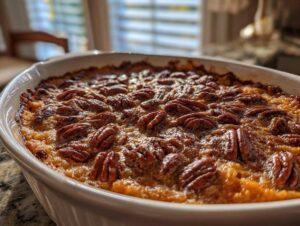 Close-up of a golden-brown sweet potato casserole topped with toasted pecans in a white baking dish.