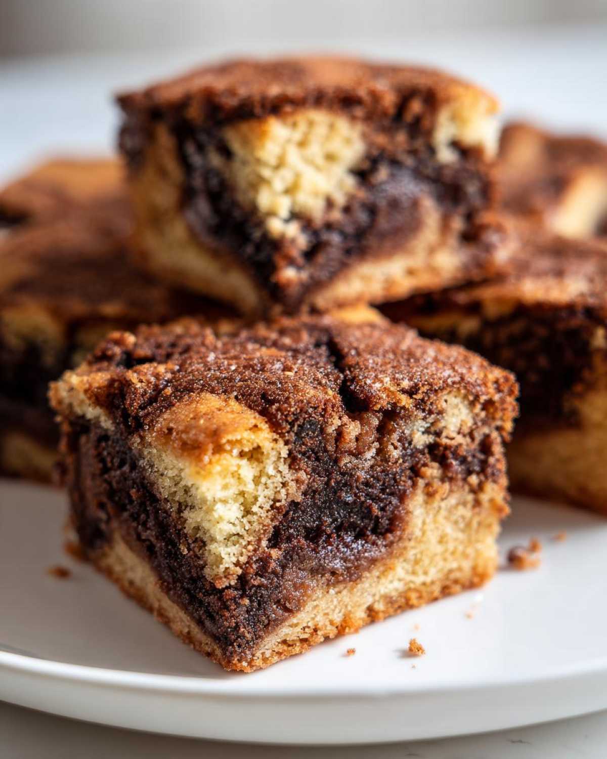 A close-up of a square snickerdoodle blondies piece showing the light blondie base swirled with a dark cinnamon filling.