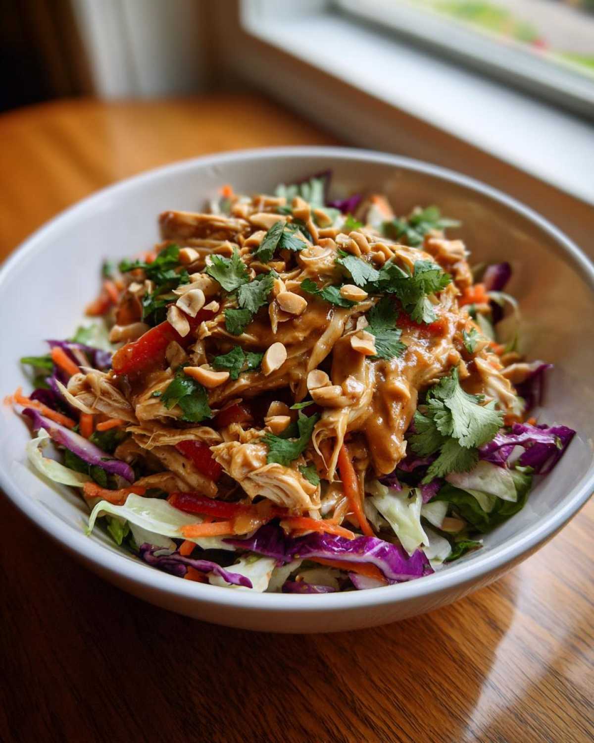 A close-up of a bowl filled with vibrant thai chicken salad, topped with peanut sauce, chopped peanuts, and cilantro.