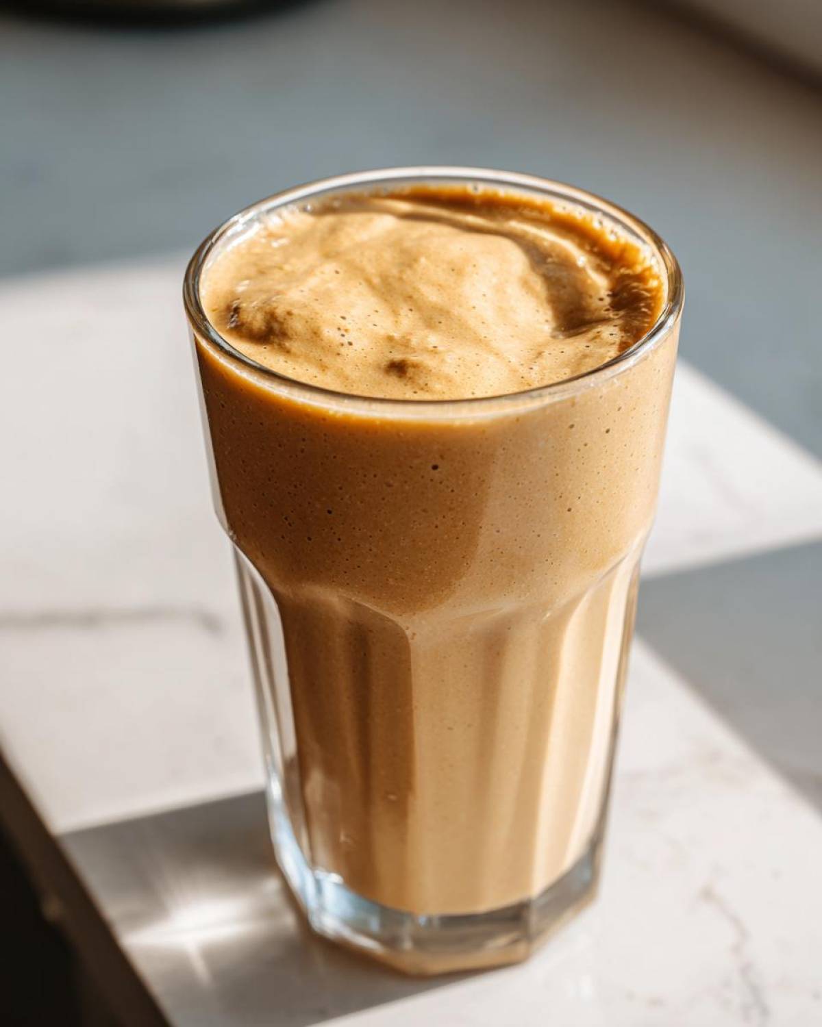 A tall glass filled with a thick, creamy peanut butter banana smoothie, showing a frothy top.