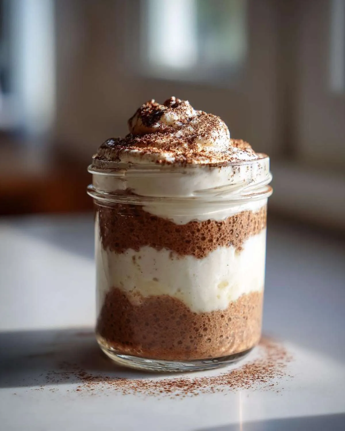 A layered tiramisu chia pudding in a glass jar, topped with whipped cream and cocoa powder.