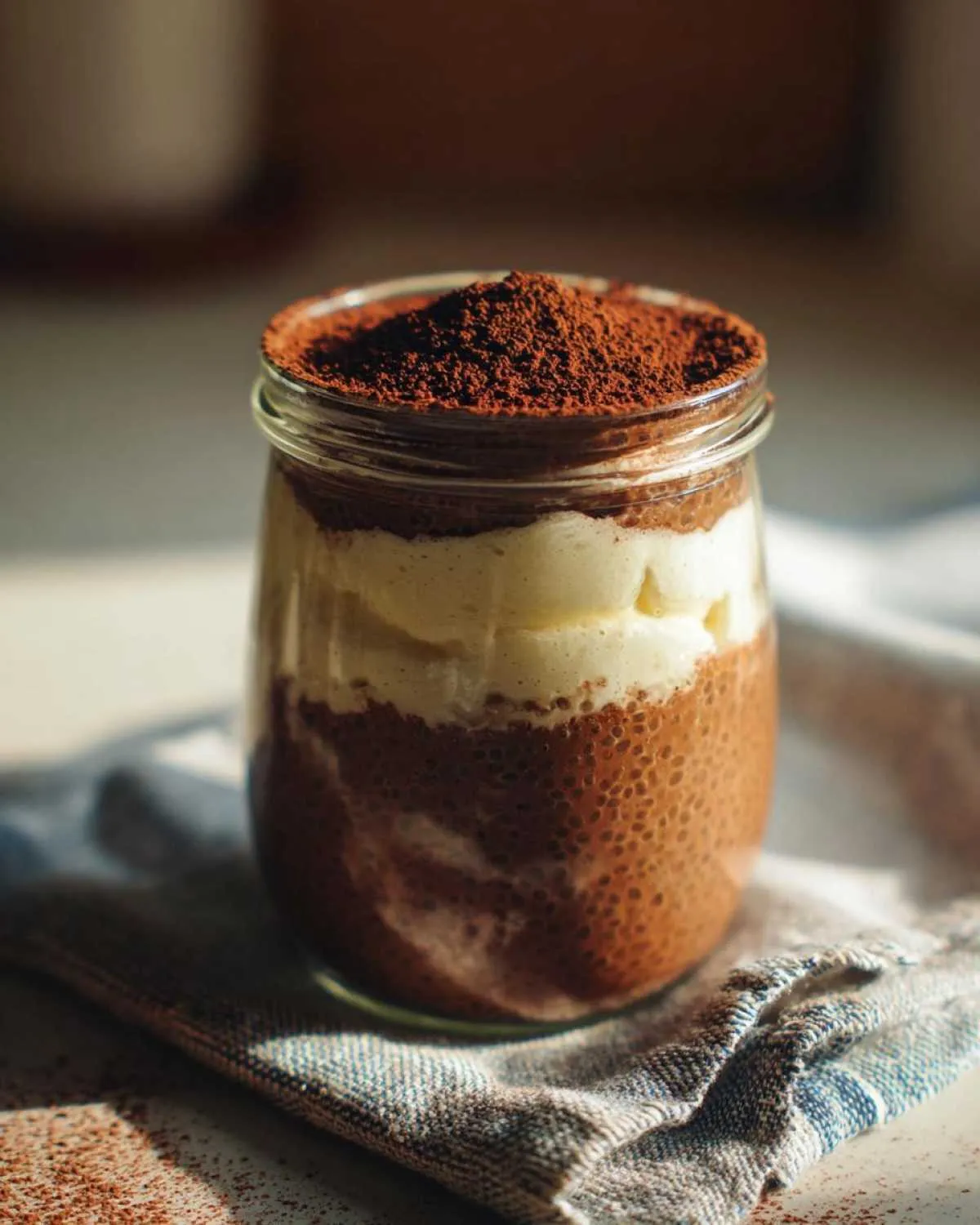 A layered tiramisu chia pudding in a glass jar, topped with cocoa powder.
