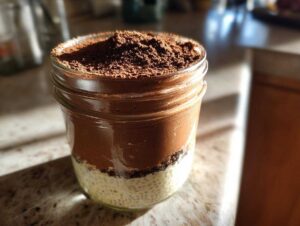 A layered tiramisu chia pudding in a glass jar, topped with cocoa powder.