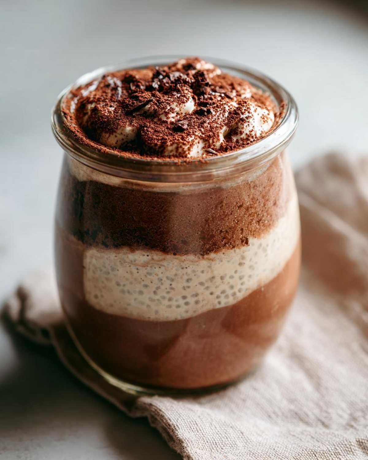 Close-up of a layered tiramisu chia pudding in a glass jar, topped with cocoa powder and chocolate shavings.
