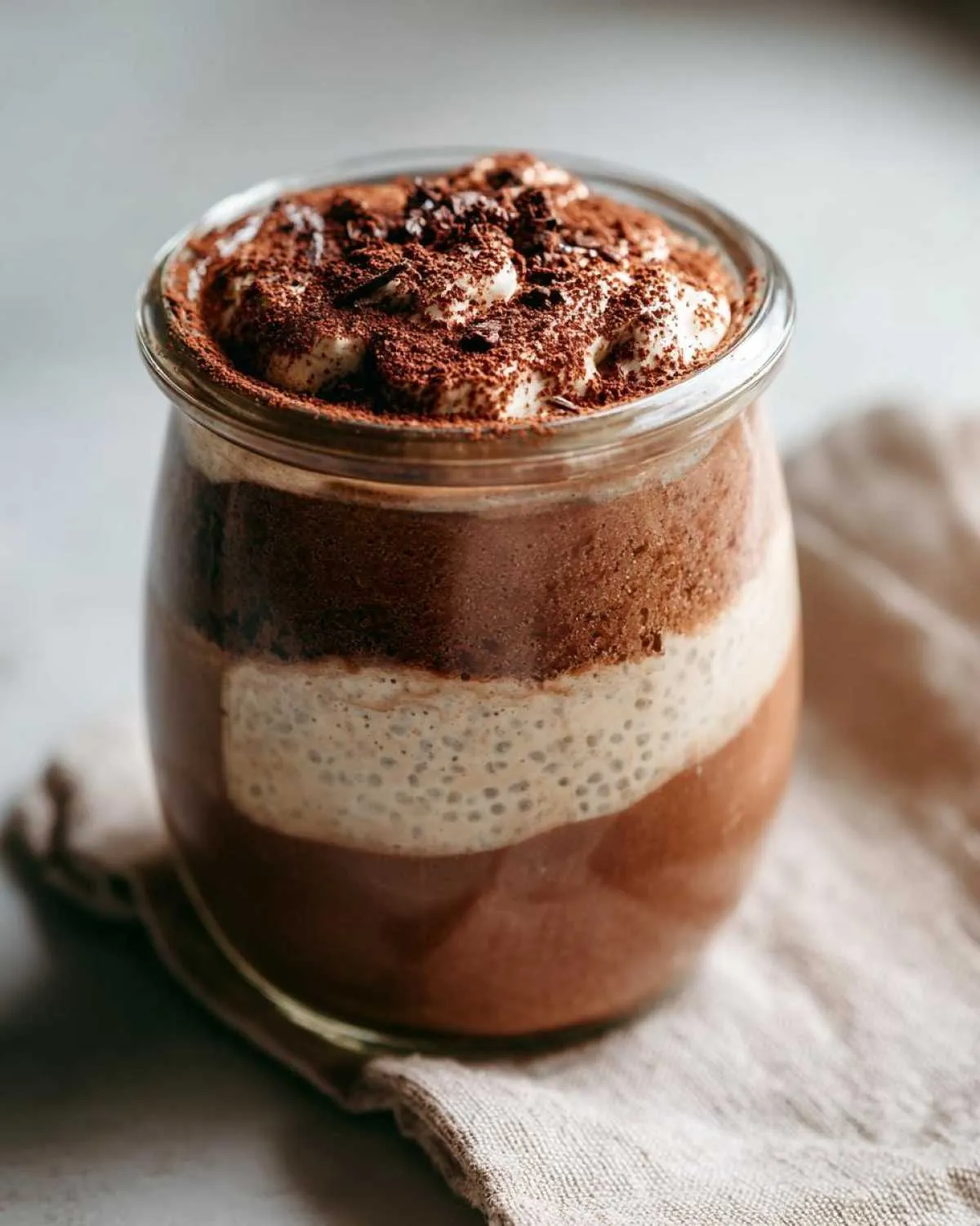 Close-up of a layered tiramisu chia pudding in a glass jar, topped with cocoa powder and chocolate shavings.