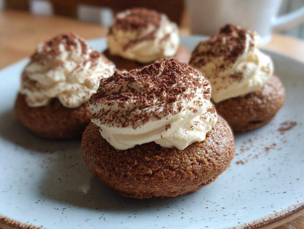 Close-up of four tiramisu cookies topped with whipped cream and dusted with cocoa powder.