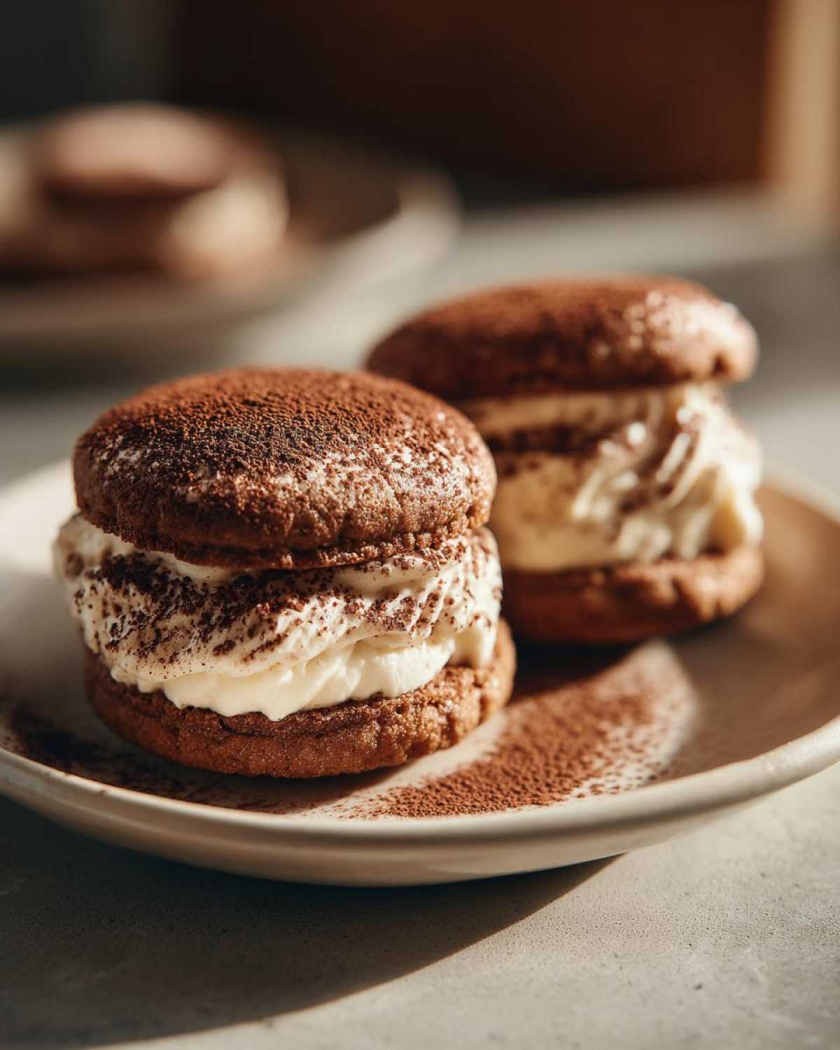 Two decadent tiramisu cookies filled with rich cream and dusted with cocoa powder.