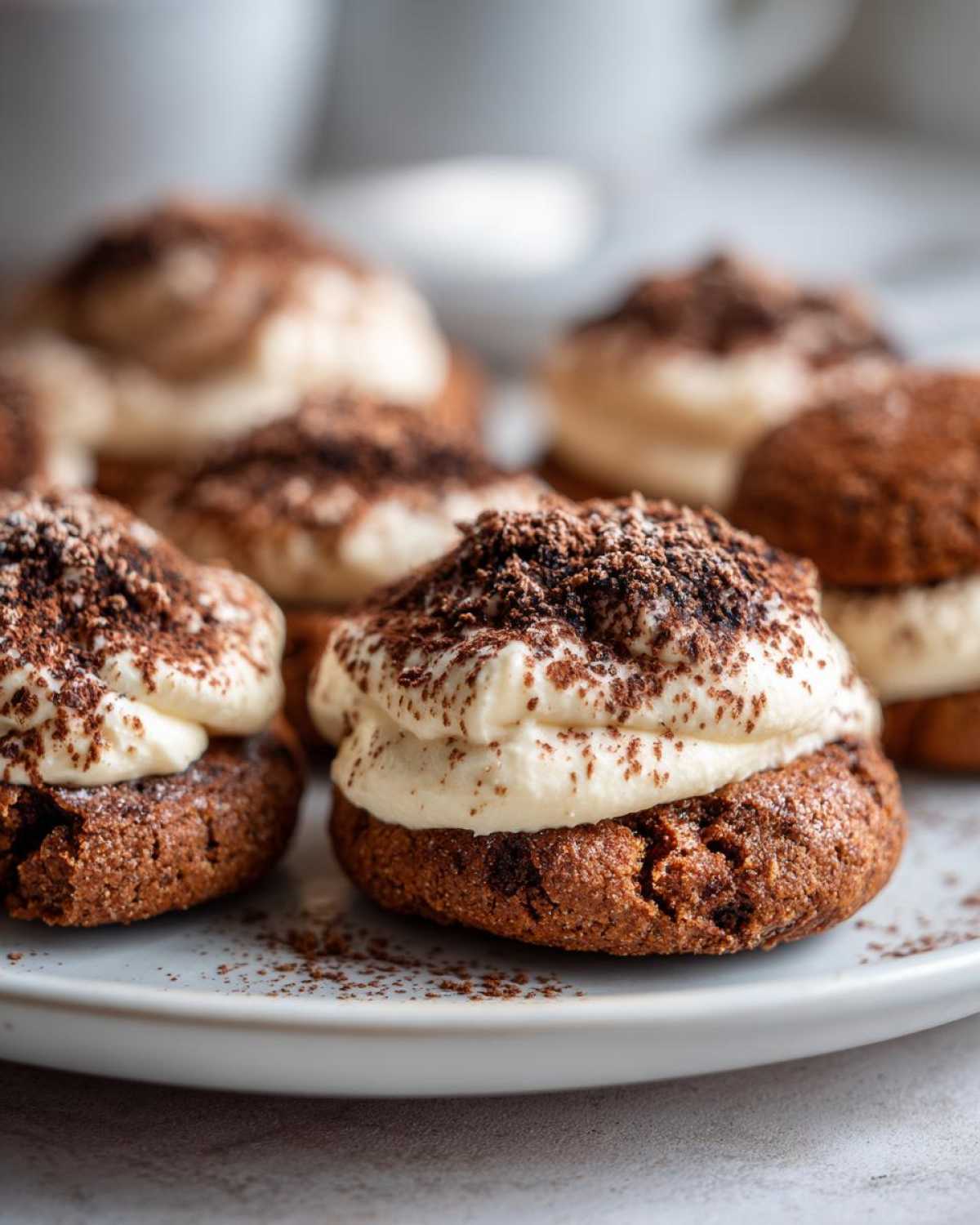 Close-up of several tiramisu cookies filled with cream and dusted with cocoa powder.