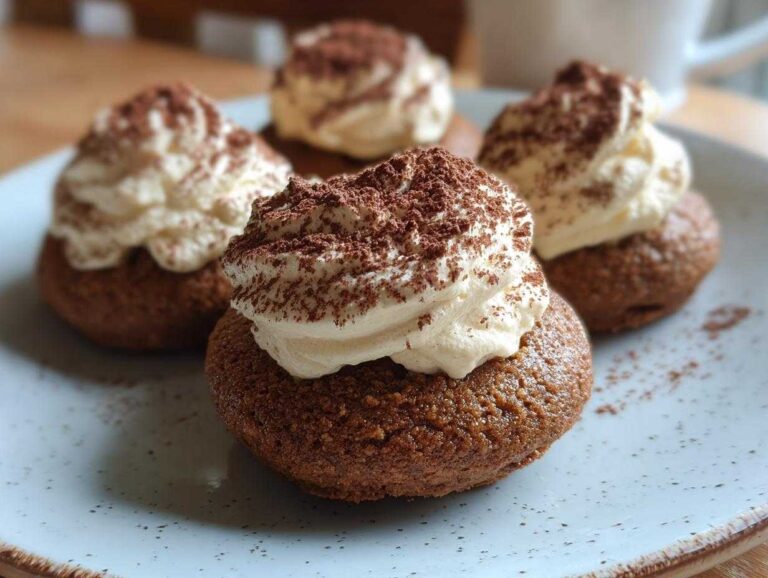 Close-up of four tiramisu cookies topped with whipped cream and dusted with cocoa powder.