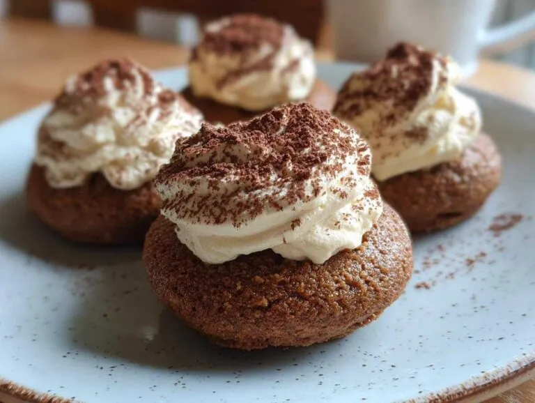 Close-up of four tiramisu cookies topped with whipped cream and dusted with cocoa powder.
